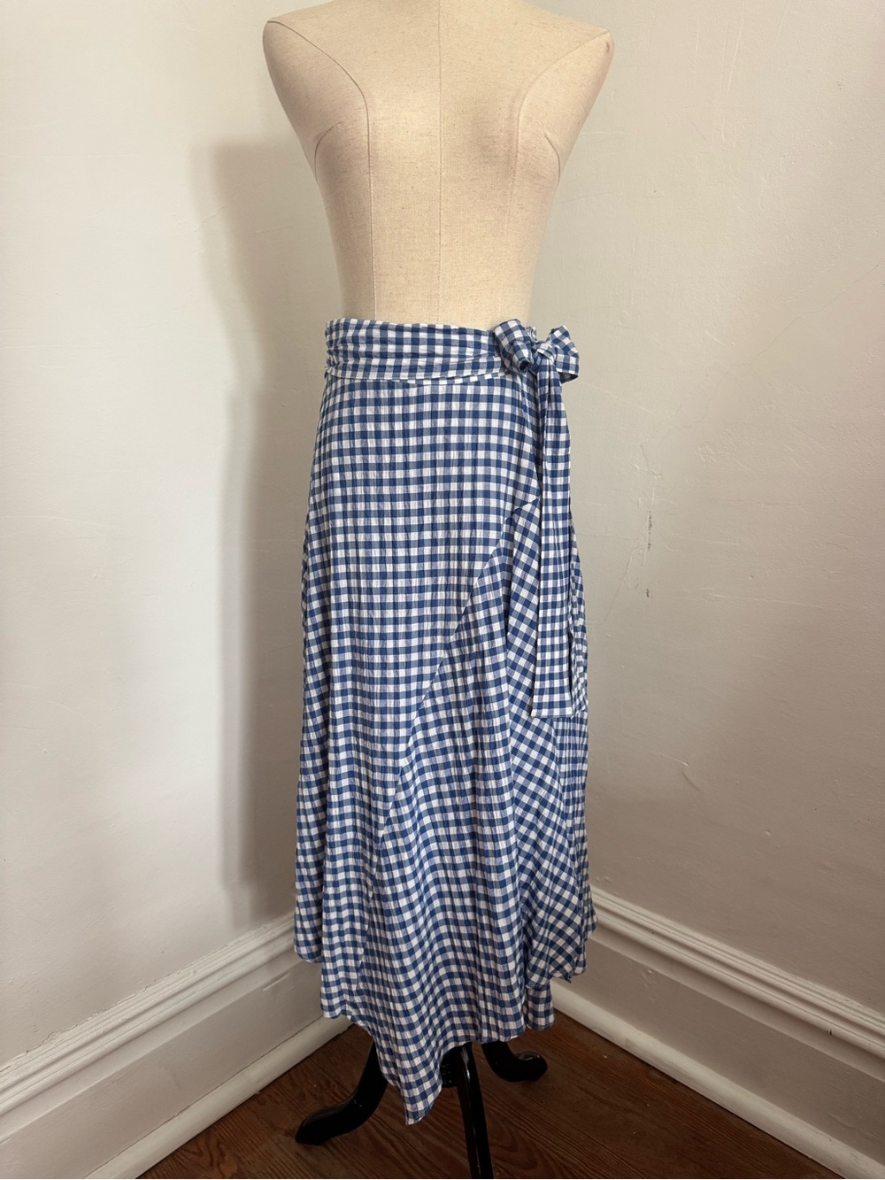 Anthropologie Blue White Gingham Handkerchief Cut Faux Wrap Skirt